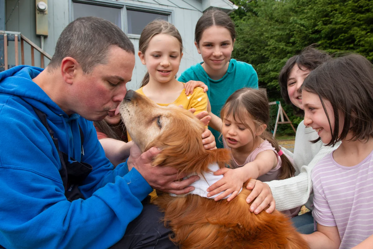 Ted Kubacki gets a lick from the family golden retriever, Lulu, outside their house after being reunited in Sitka, Alaska, on Thursday, July 7, 2022. The elderly, blind dog who had been missing three weeks, was found Tuesday, July 5, 2022, by a construction crew. Behind Ted is his wife, Rebecca, and their children Ella, Viola, Star, Lazaria and Olive. James Poulson / The Daily Sitka Sentinel